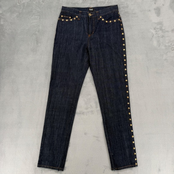 Vintage Dolce & Gabbana Women's Dark Wash Denim Jeans Gold Studded  Sz 26 - Picture 2 of 16